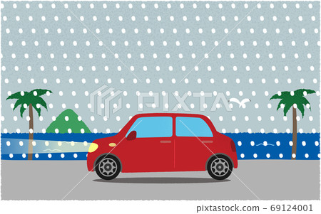 A vector illustration of a red car driving on a road along the sea in the snowstorm with lights on A vector illustration of a red car driving on a road along the sea in the snowstorm with lights on 69124001