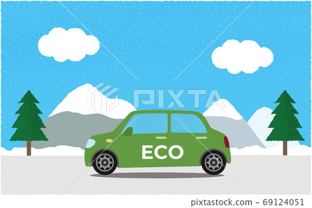 矢量圖的綠色生態汽車在冬天沿著山路走 矢量圖的綠色生態汽車在冬天沿著山路走 69124051