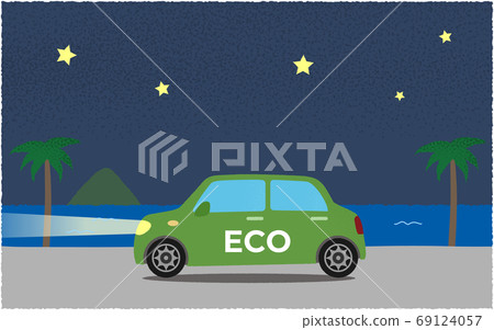 矢量圖的一輛綠色的生態汽車，晚上在海邊開燈的路上 69124057