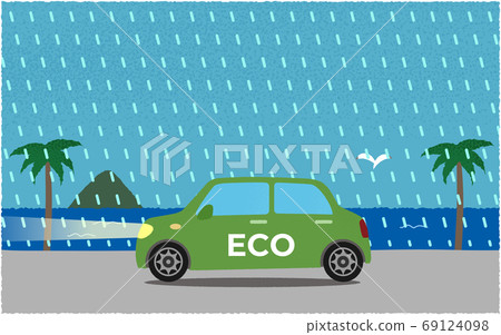 一輛藍色汽車的矢量圖在一條路在海邊有光在大雨中 69124098