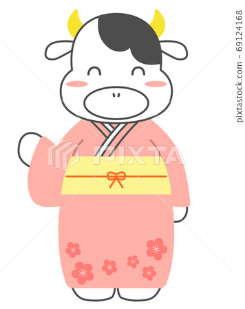 Cow wearing pink kimono and waving Cow wearing pink kimono and waving 69124168