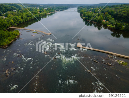 Aerial view of forests and the mountain river in 69124221