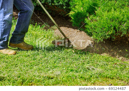 A lawn mower mows fresh, green grass on the lawn A lawn mower mows fresh, green grass on the lawn 69124487