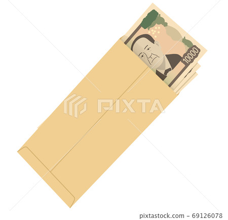 Illustration of a new banknote 10,000 yen bill in an envelope 69126078