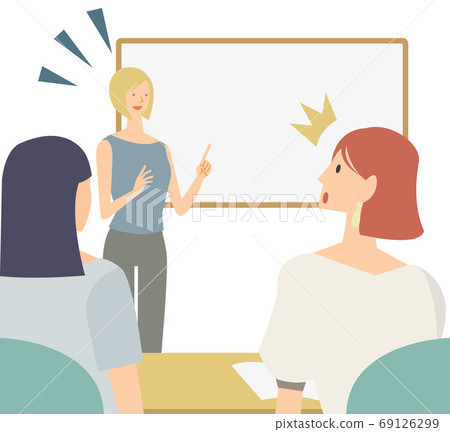 Illustration of a woman taking English lessons in an English conversation class Students learning English 69126299