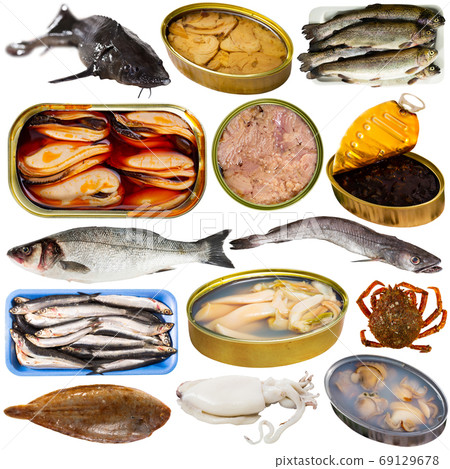 Raw and canned seafood and fish isolated on white 69129678