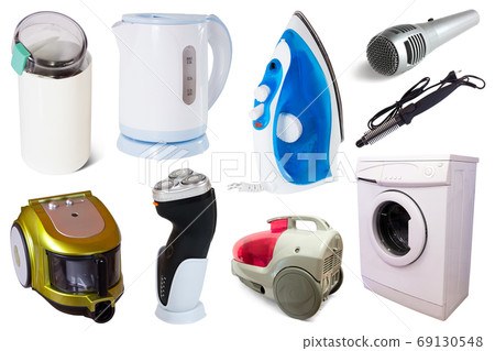 Assortment of household appliances isolated on white background Assortment of household appliances isolated on white background 69130548