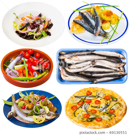Collection of dishes of small fish Collection of dishes of small fish 69130551