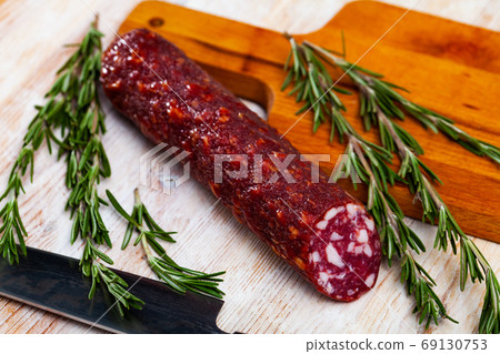 Raw smoked semi-dry Braunschweiger sausage Raw smoked semi-dry Braunschweiger sausage 69130753