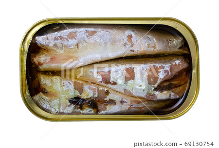 Salty fillet of mackerel in sunflower oil in open tin can 69130754