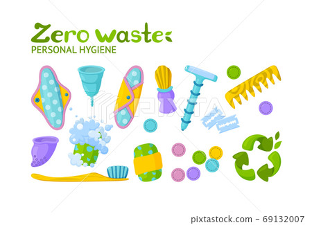 Personal hygiene zero waste set. Symbol of recycling and reusable items. Vector illustration 69132007