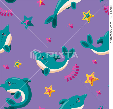 Seamless pattern with dolphins, starfish and seaweed. Pattern for backgrounds. Cartoon vector illustration. 69132009