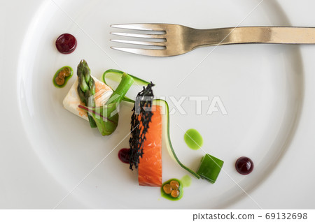 Appetizer dish, smoked salmon embellished with caviar, asparagus, cheese, green salad and cucumber. Appetizer dish, smoked salmon embellished with caviar, asparagus, cheese, green salad and cucumber. 69132698