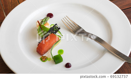 Appetizer dish, smoked salmon embellished with caviar, asparagus, cheese, green salad and cucumber. Appetizer dish, smoked salmon embellished with caviar, asparagus, cheese, green salad and cucumber. 69132737