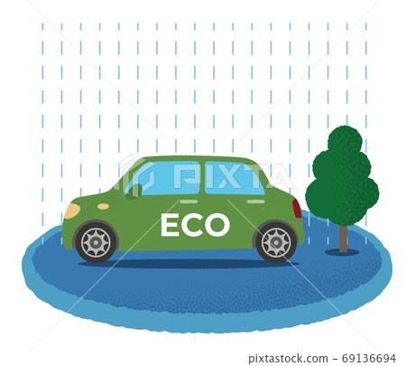 洪水中的綠色生態汽車的矢量圖 69136694