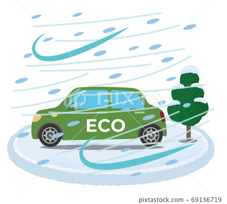 遭受暴風雪的綠色生態汽車的矢量圖 69136719