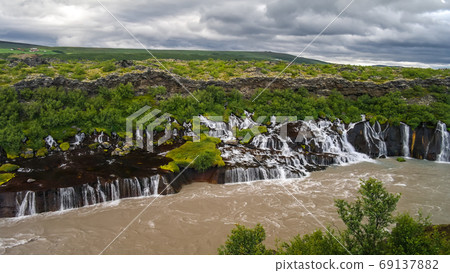 landscape Hraunfossar waterfall on Hvita river Iceland 69137882