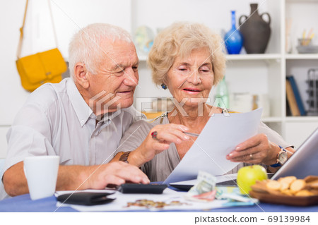 Happy senior spouses with bills and laptop 69139984
