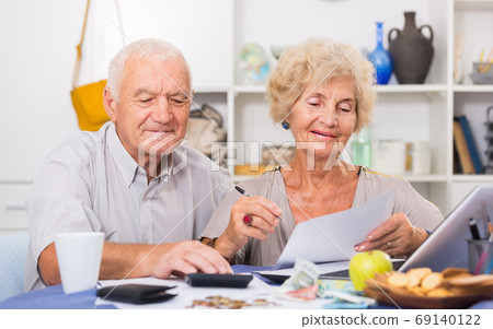 Happy senior spouses with bills and laptop Happy senior spouses with bills and laptop 69140122