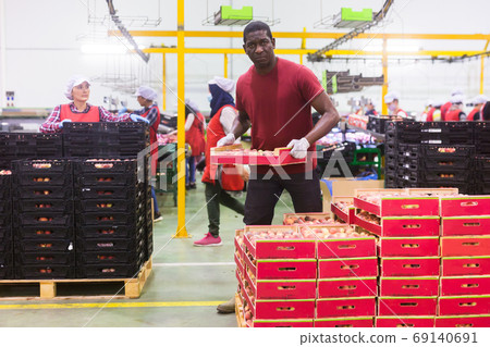 Man working at fruit storage carrying box 69140691