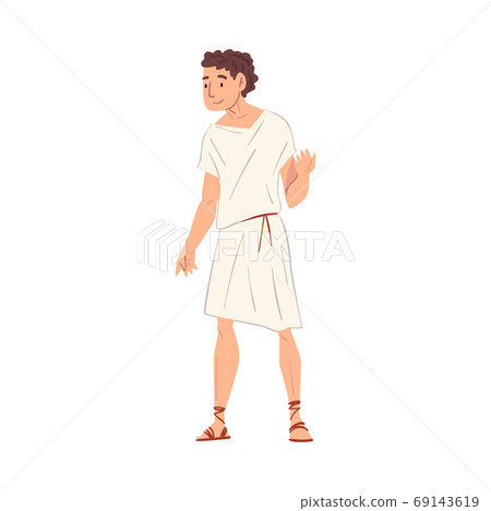 Young Roman Man in Traditional Clothes, Ancient Rome Citizen Character in White Tunic And Sandals Vector Illustration 69143619