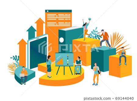 Illustration of a business, office workers study infographics on a graph of columns, analyze the evolutionary scale, business negotiations, raise the vector. For design cards and concepts 69144040