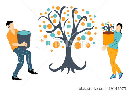 Vector illustration dedicated to ecology and the environment. Young people water and take care of a tree 69144075