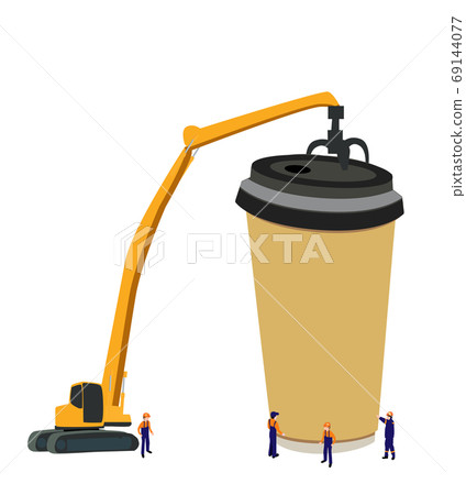 Vector drawing of a crane and giant coffee makers, workers help in raising the buck. 69144077