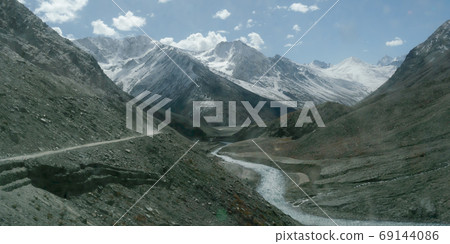 V-shaped Himalayas valley down which a river with a winding course flows. V-shaped Himalayas valley down which a river with a winding course flows. 69144086