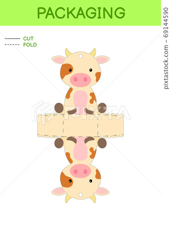DIY party favor box die cut template design for birthdays, baby showers with cute cow for sweets, candies, small presents. Printable color scheme DIY party favor box die cut template design for birthdays, baby showers with cute cow for sweets, candies, small presents. Printable color scheme 69144590