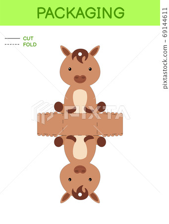 DIY party favor box die cut template design for birthdays, baby showers with cute horse for sweets, candies, small presents. Printable color scheme 69144611