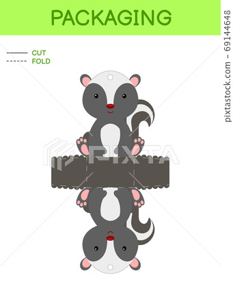 DIY party favor box die cut template design for birthdays, baby showers with cute skunk for sweets, candies, small presents. Printable color scheme. DIY party favor box die cut template design for birthdays, baby showers with cute skunk for sweets, candies, small presents. Printable color scheme. 69144648