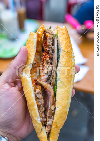Closeup photo of human hand holding a delicious Banh Mi 69145285