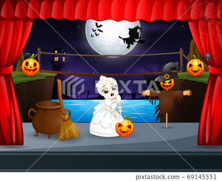 Illustration skull bride and scarecrow on stage 69145551