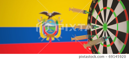 Vaccine syringes with text and flag of Ecuador as a background. Ecuadorian medical research and vaccination, 3D rendering Vaccine syringes with text and flag of Ecuador as a background. Ecuadorian medical research and vaccination, 3D rendering 69145920