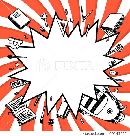 Stationery collection. Outline style. Back to school thin line vector doodle illustration template isolated on twisted background. Sketchy vector backpack and stationery for graphic design, web banner Stationery collection. Outline style. Back to school thin line vector doodle illustration template isolated on twisted background. Sketchy vector backpack and stationery for graphic design, web banner 69145921
