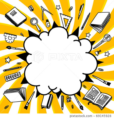 Stationery collection. Outline style. Back to school thin line vector doodle illustration template isolated on twisted background. Sketchy vector backpack and stationery for graphic design, web banner 69145928