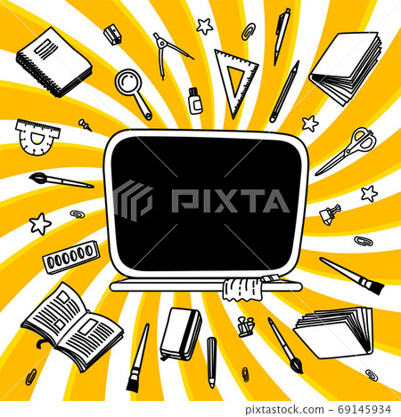 Stationery collection. Outline style. Back to school thin line vector doodle illustration template isolated on twisted background. Sketchy vector backpack and stationery for graphic design, web banner Stationery collection. Outline style. Back to school thin line vector doodle illustration template isolated on twisted background. Sketchy vector backpack and stationery for graphic design, web banner 69145934