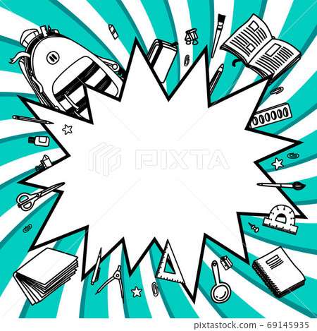 Stationery collection. Outline style. Back to school thin line vector doodle illustration template isolated on twisted background. Sketchy vector backpack and stationery for graphic design, web banner Stationery collection. Outline style. Back to school thin line vector doodle illustration template isolated on twisted background. Sketchy vector backpack and stationery for graphic design, web banner 69145935