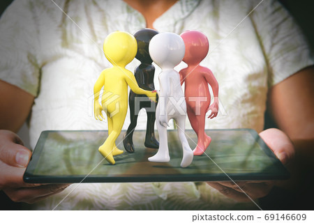 Men of different races stand in a circle on the tablet Men of different races stand in a circle on the tablet 69146609
