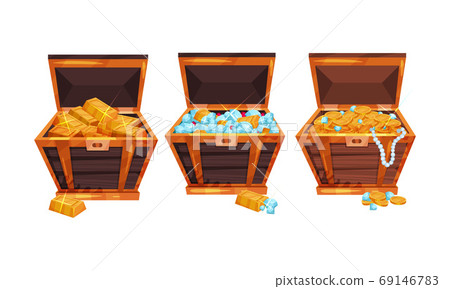 Pile of Golden Coins, Ingots and Gemstones Rested in Wooden Chest Vector Set Pile of Golden Coins, Ingots and Gemstones Rested in Wooden Chest Vector Set 69146783