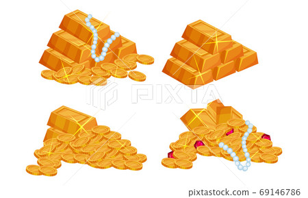 Pile of Golden Coins, Ingots and Jewelry Vector Set Pile of Golden Coins, Ingots and Jewelry Vector Set 69146786