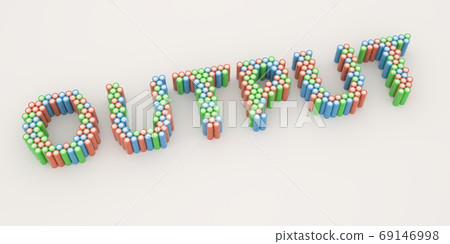 OUTPUT text made with many batteries. Electrical technologies related 3d rendering 69146998