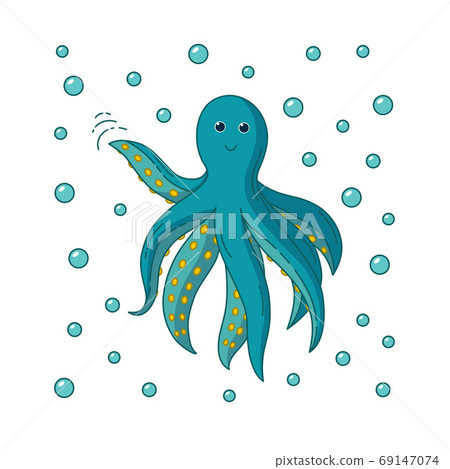 Octopus waving hi surrounded with bubbles. Vector illustration Octopus waving hi surrounded with bubbles. Vector illustration 69147074