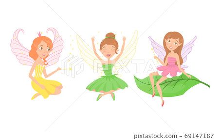 Little Fairy or Pixie with Wings Holding Magic Wand Vector Illustration Set 69147187