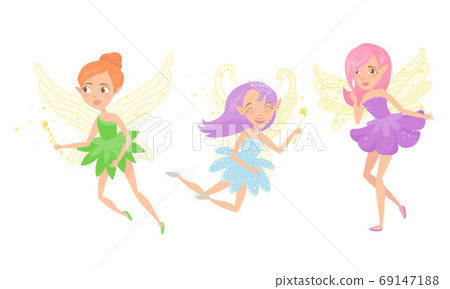 Little Fairy or Pixie with Wings Holding Magic Wand Vector Illustration Set Little Fairy or Pixie with Wings Holding Magic Wand Vector Illustration Set 69147188