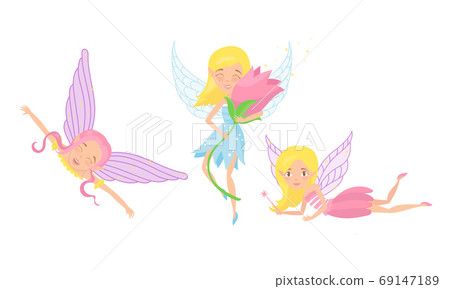Little Fairy or Pixie with Wings Holding Flower and Magic Wand Vector Illustration Set Little Fairy or Pixie with Wings Holding Flower and Magic Wand Vector Illustration Set 69147189