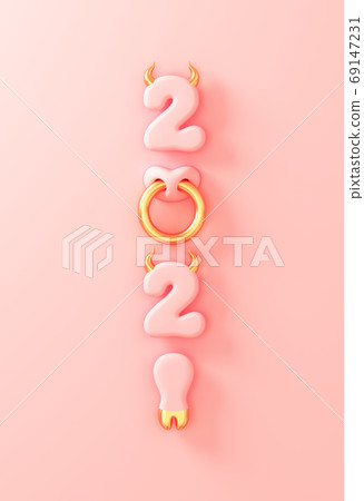 2021 With Numbers As Golden Bull Horns, Hoof And Nose Ring On Pink Background. Concept Of Chinese New Year Of The Ox. 2021 With Numbers As Golden Bull Horns, Hoof And Nose Ring On Pink Background. Concept Of Chinese New Year Of The Ox. 69147231