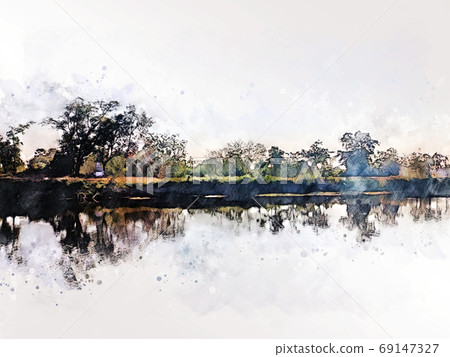 Abstract colorful tree and field landscape on watercolor illustration painting background. Abstract colorful tree and field landscape on watercolor illustration painting background. 69147327