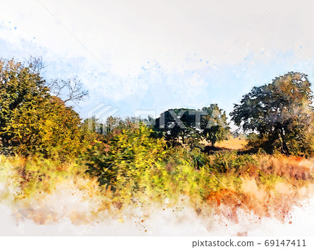 Abstract colorful tree and field landscape on watercolor illustration painting background. Abstract colorful tree and field landscape on watercolor illustration painting background. 69147411